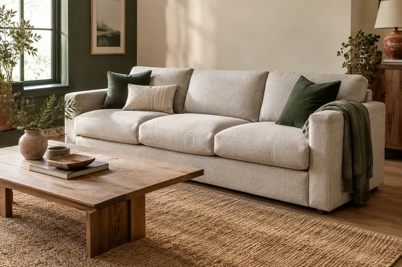 Canapé droit trois places installé face à une table basse en bois