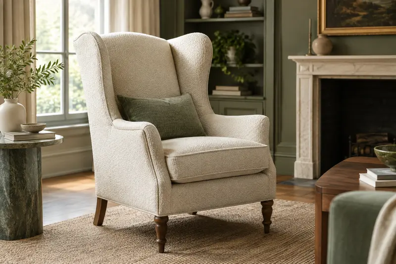 Fauteuil bergère à dossier haut placé près d’un tapis clair