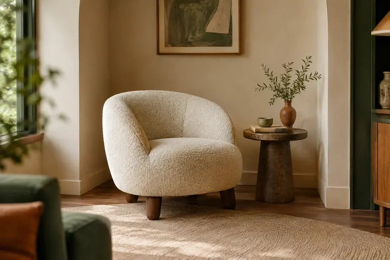 Fauteuil crapaud arrondi en tissu placé dans une alcôve de salon