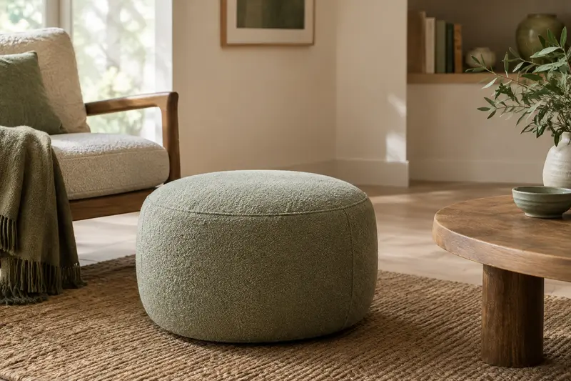 Pouf rond en tissu texturé posé sur un tapis près d’un fauteuil