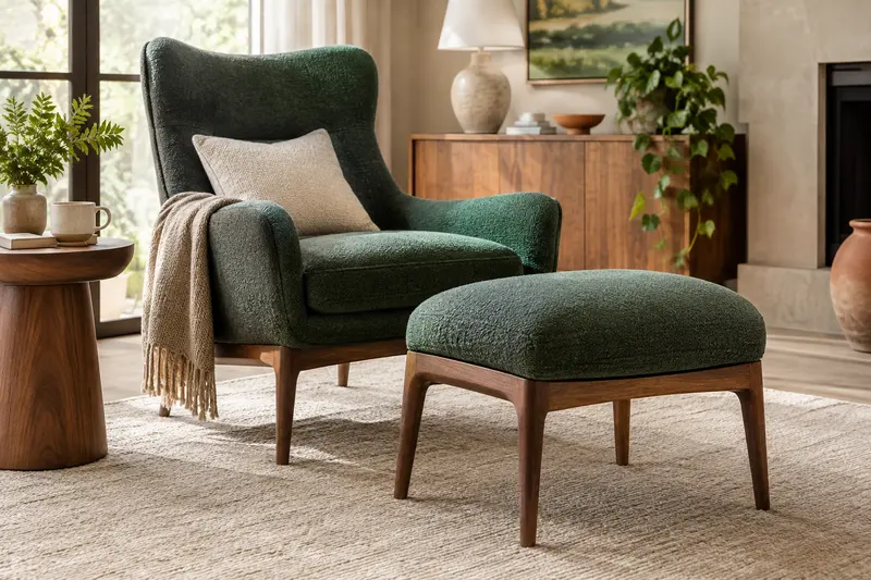 Repose-pieds assorti à un fauteuil de salon sur un tapis clair
