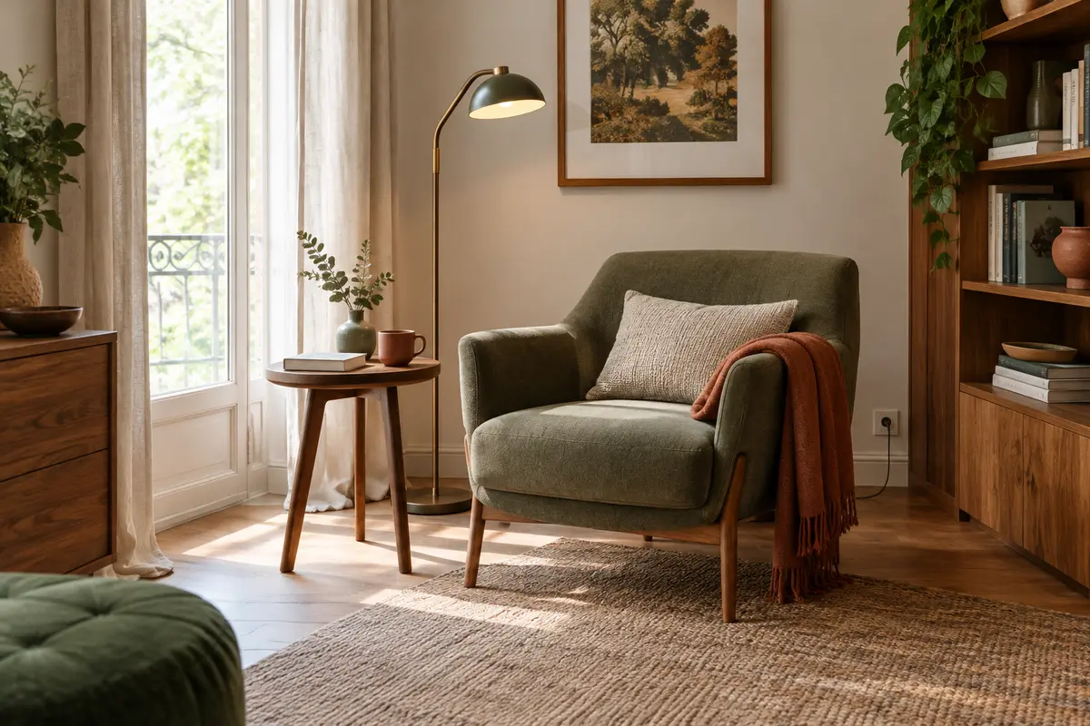 Coin lecture dans un salon avec fauteuil, lampe orientable, petite table et passage dégagé autour de l’assise
