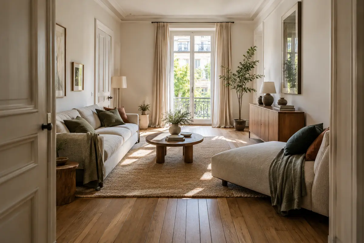 Canapé et méridienne disposés dans un salon en longueur avec portes et fenêtre accessibles