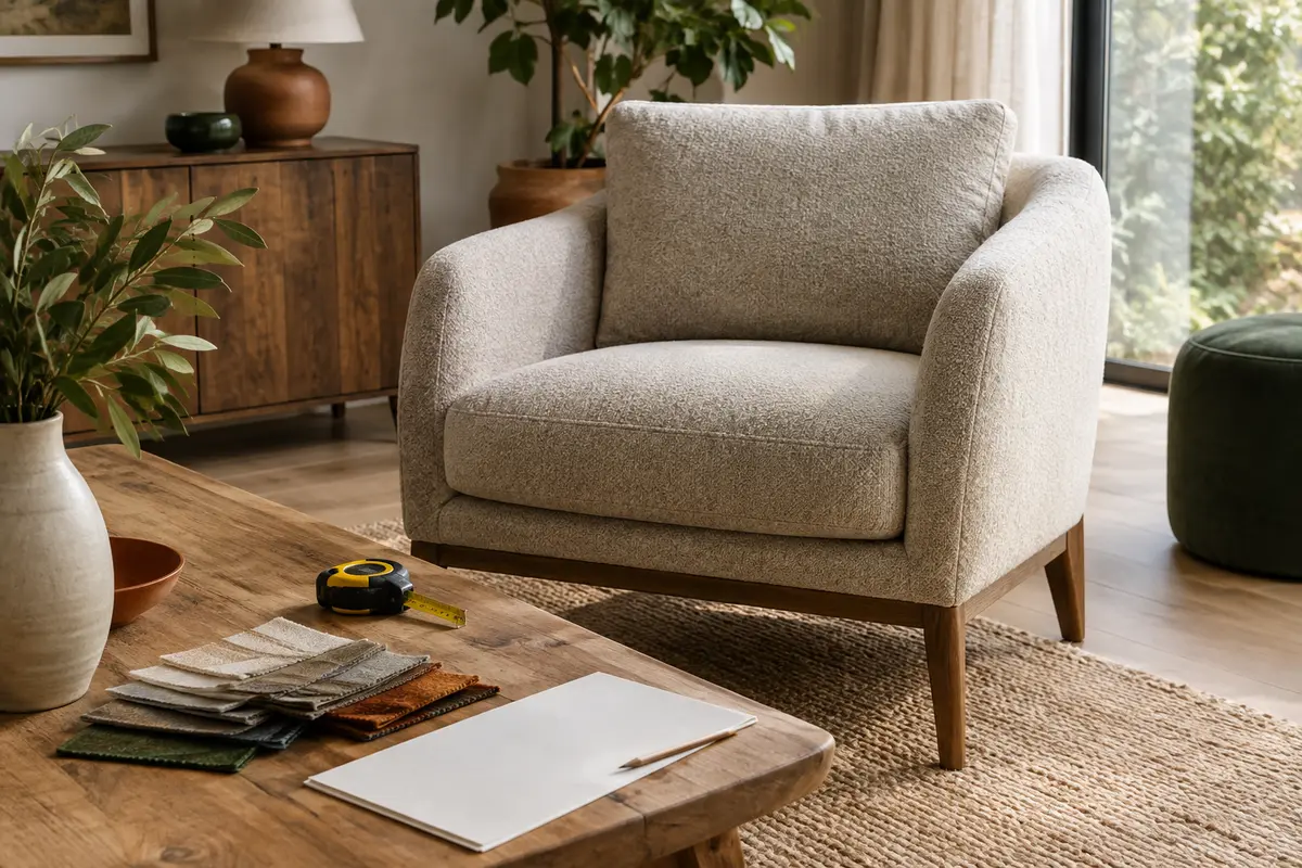 Fauteuil de salon en tissu près d’un nuancier et d’un mètre ruban pour comparer matériaux et dimensions