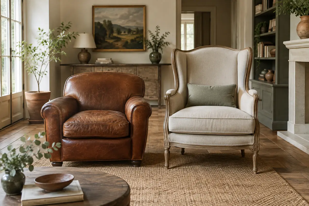 Un fauteuil club et une bergère côte à côte dans un petit salon pour comparer leurs proportions