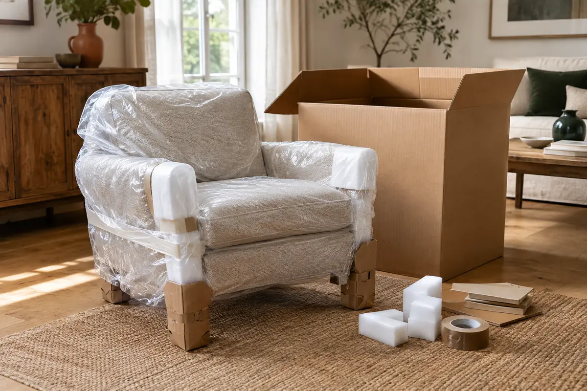 Fauteuil de salon protégé près de son carton et de cales, prêt à être préparé pour une éventuelle reprise