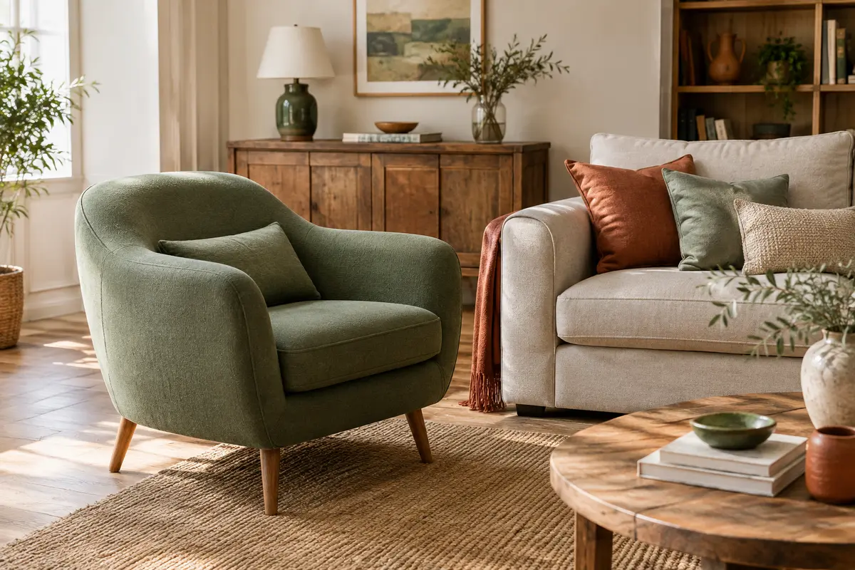 Fauteuil vert doux près d’un canapé beige, dans un salon lumineux aux murs écrus et aux accents terracotta.