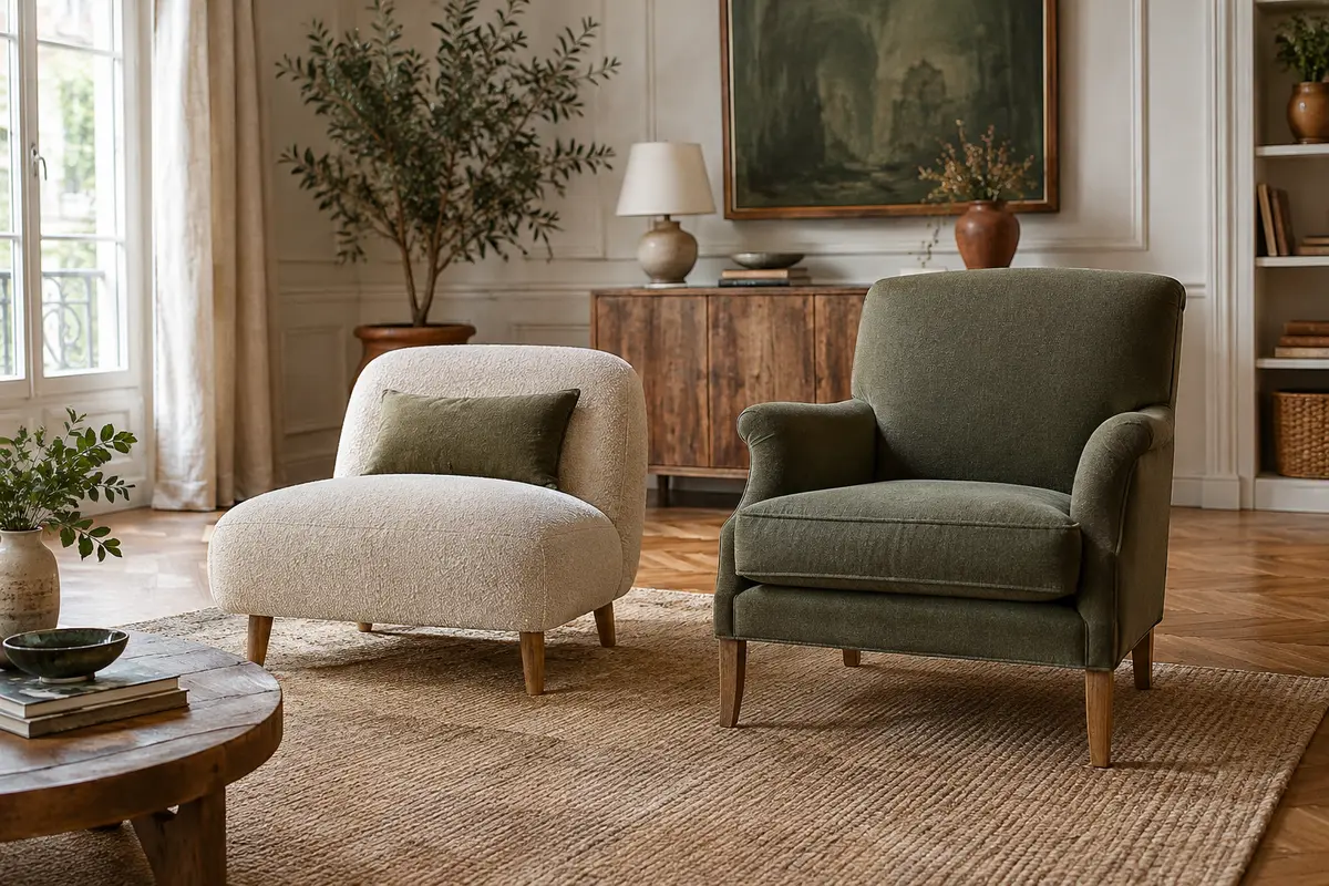 Une chauffeuse basse et un fauteuil structuré comparés dans un petit salon lumineux