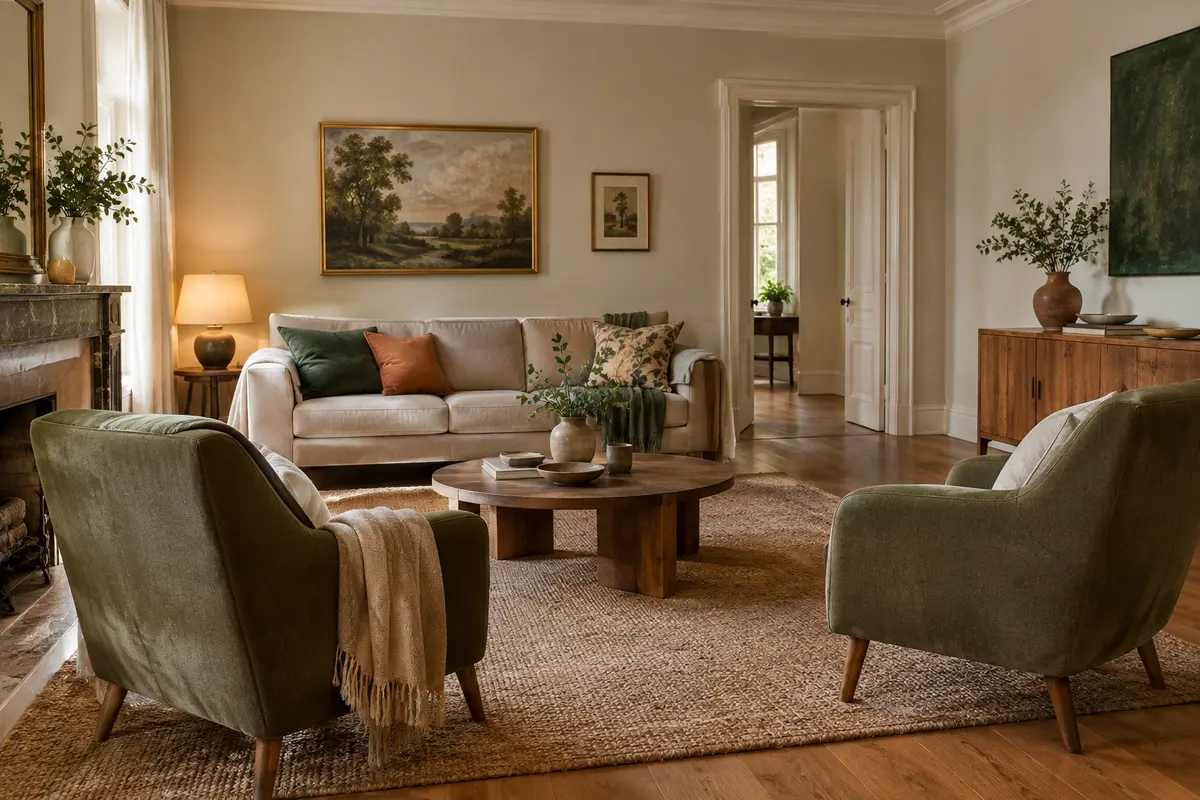Deux fauteuils orientés vers une table basse dans un salon où le passage vers la porte reste libre