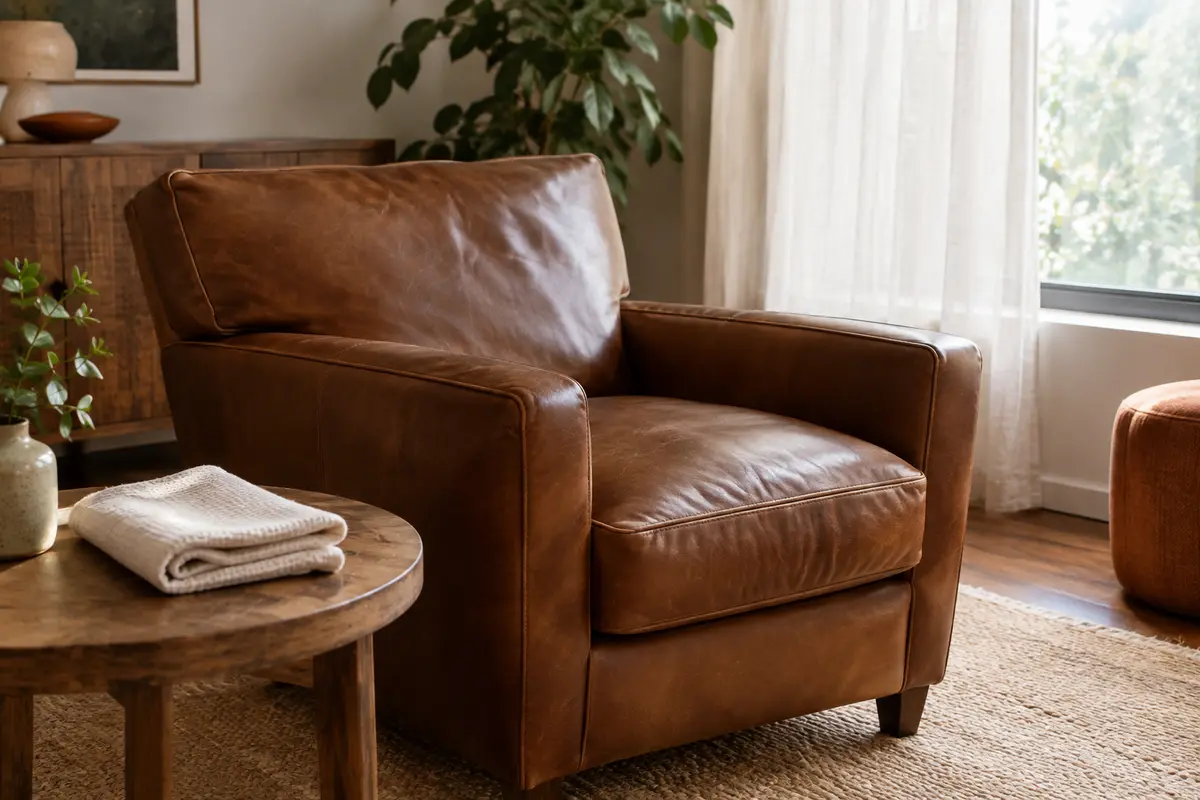 Fauteuil en cuir brun dans un salon lumineux, à l’abri du soleil direct, avec un chiffon doux à proximité.