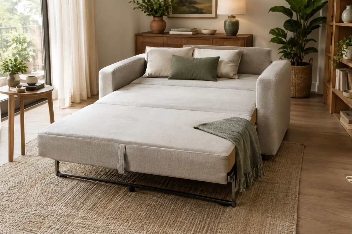 Fauteuil convertible déplié dans un salon, avec un passage libre autour de la surface de couchage