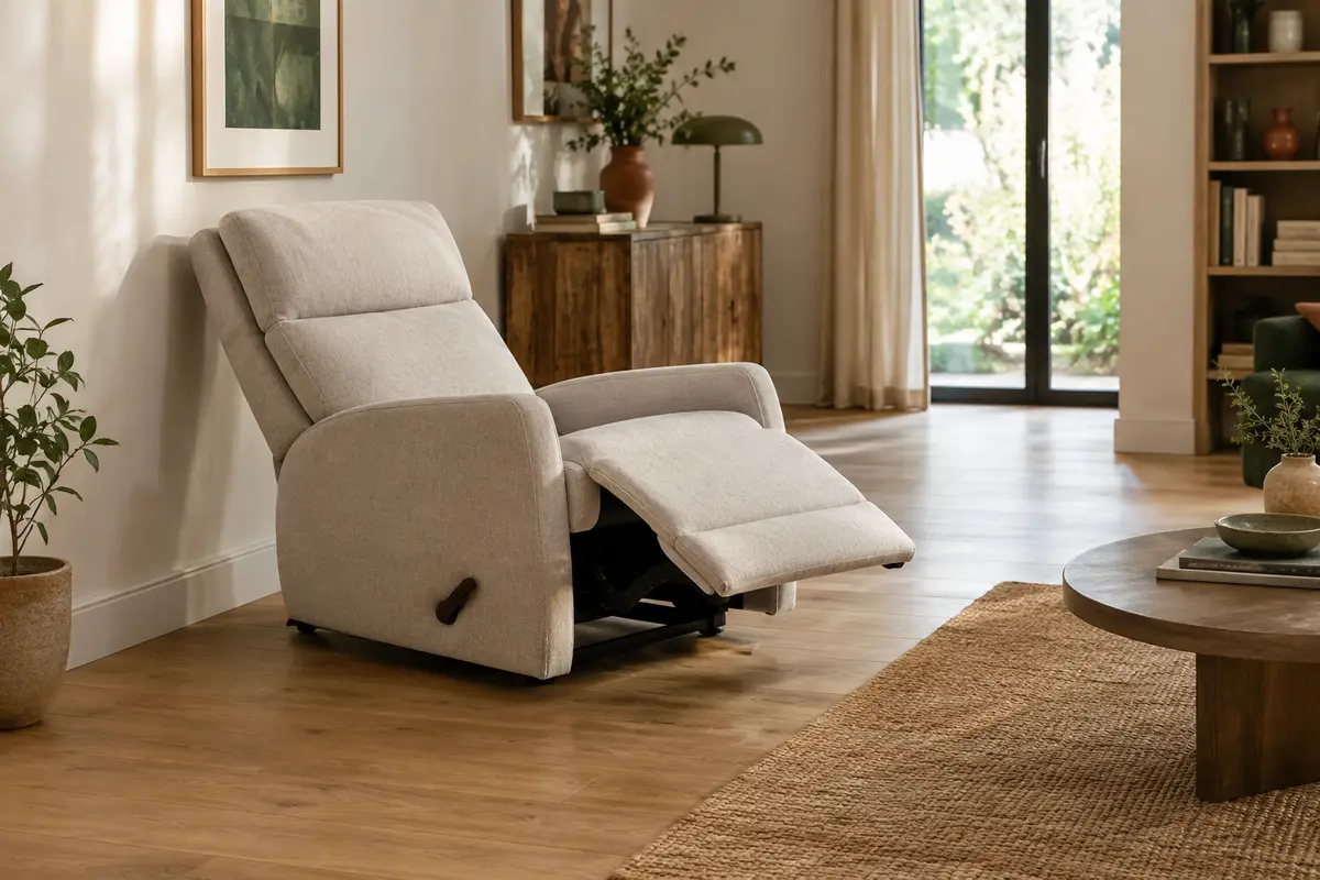 Fauteuil relax manuel incliné dans un salon, avec un espace dégagé devant le repose-pieds et derrière le dossier.