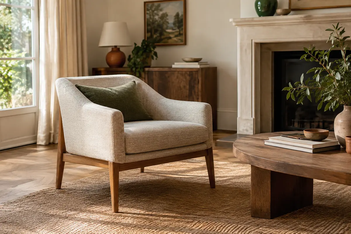 Fauteuil de salon et table basse dans un intérieur lumineux, avec l’assise et l’espace entre les deux visibles.