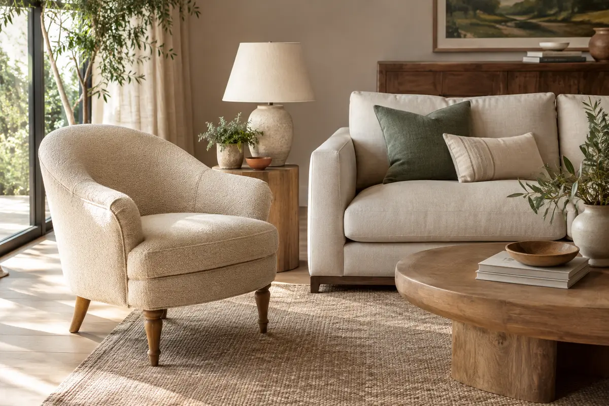 Fauteuil crapaud beige dans un salon contemporain aux tons doux, près d’un canapé et d’une table basse arrondie.