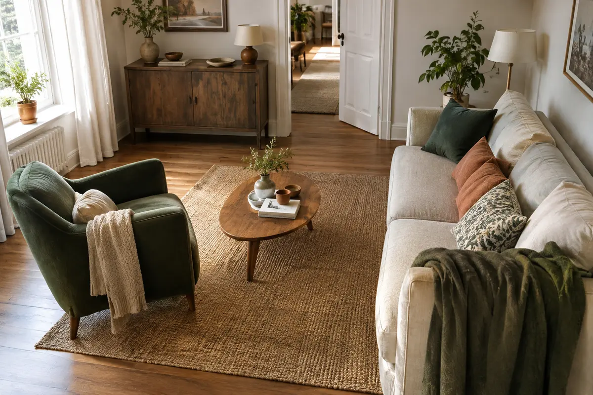 Canapé droit et fauteuil disposés dans un salon avec un passage dégagé vers la porte