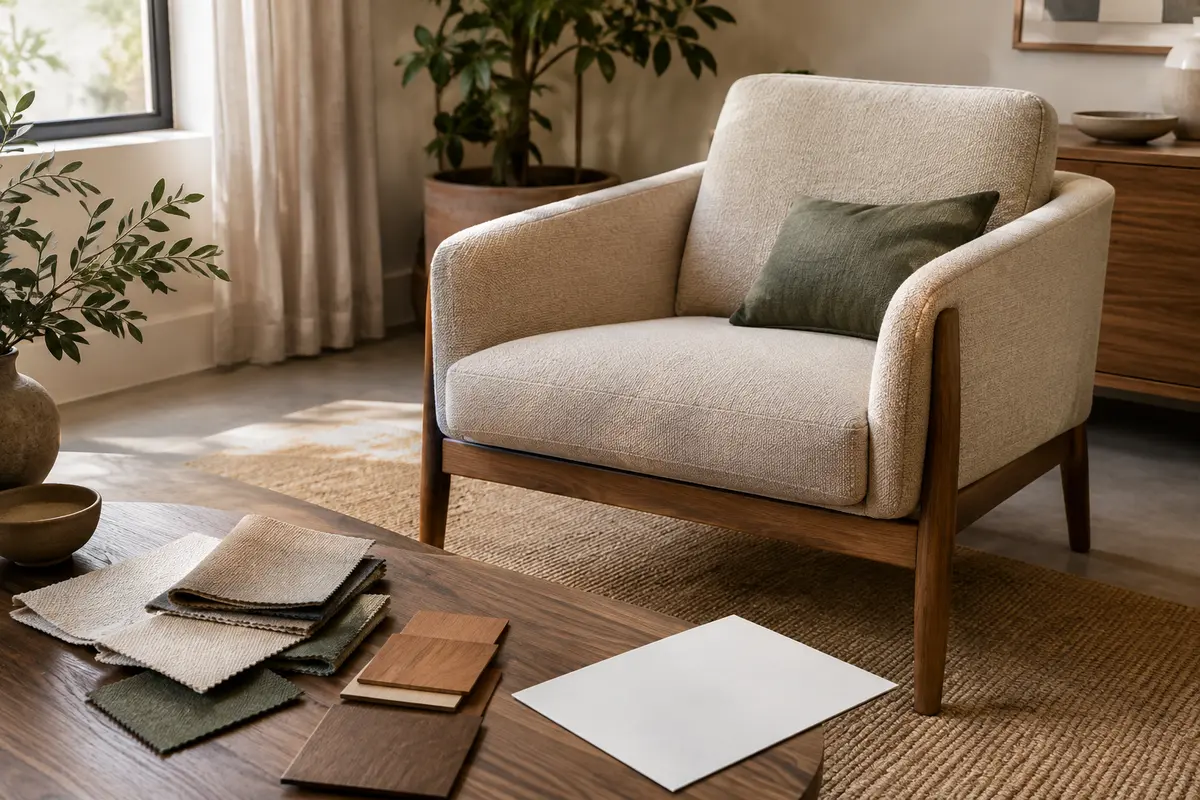 Fauteuil de salon près d’échantillons de tissu, de cuir et de bois pour comparer les matériaux