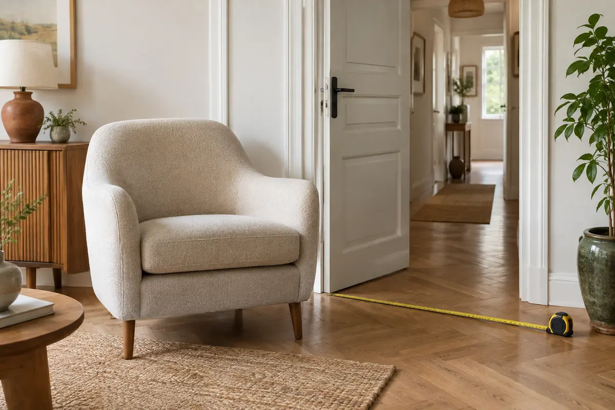 Fauteuil près d’une porte ouverte avec un mètre ruban pour vérifier le passage avant la livraison
