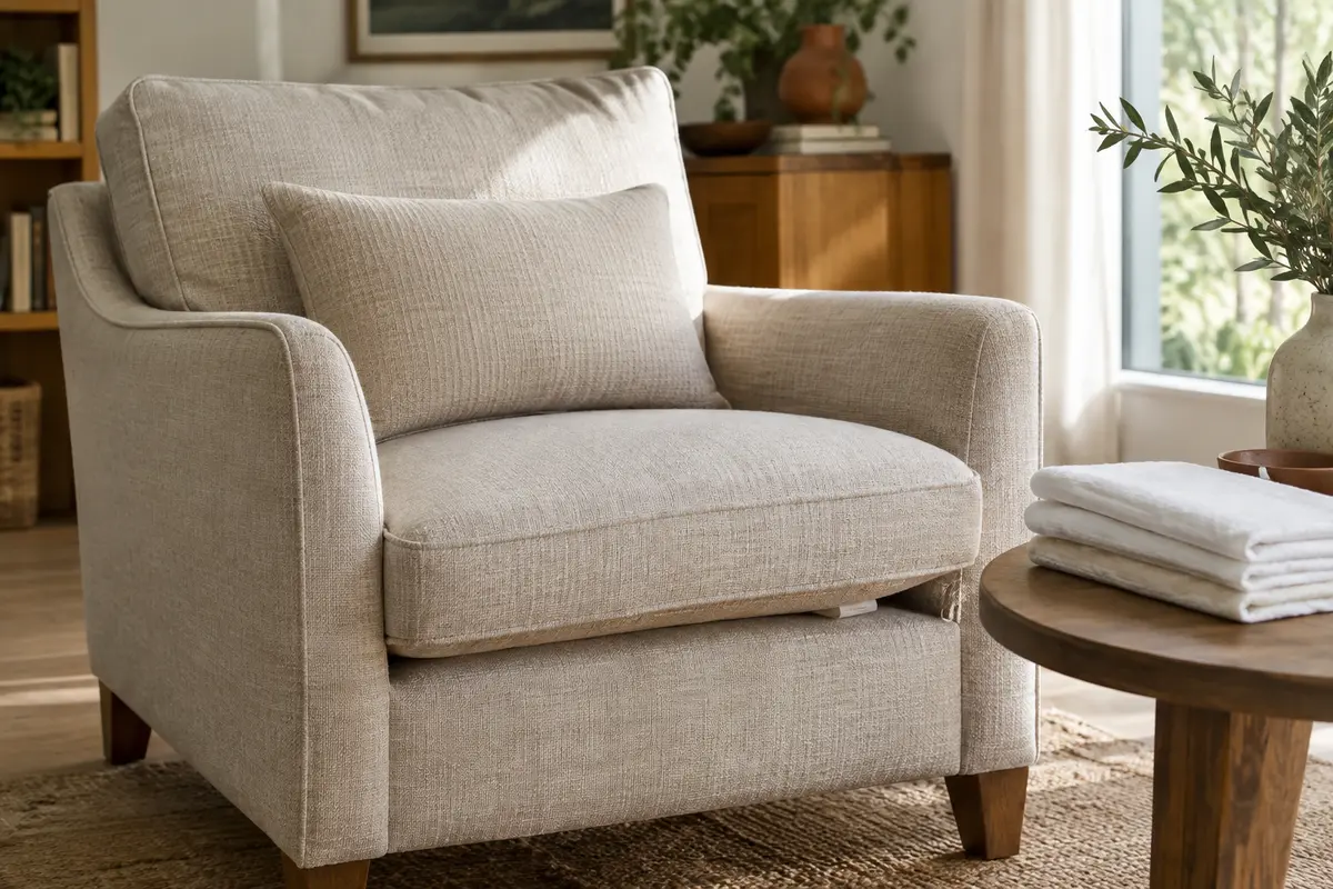 Fauteuil en tissu beige et linge blanc, dans un intérieur lumineux consacré à l’entretien du revêtement