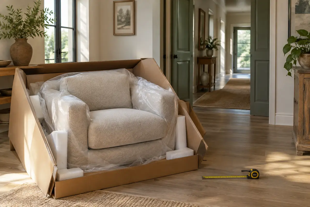 Fauteuil volumineux emballé près d’une porte, avec un mètre ruban pour contrôler l’accès au logement.