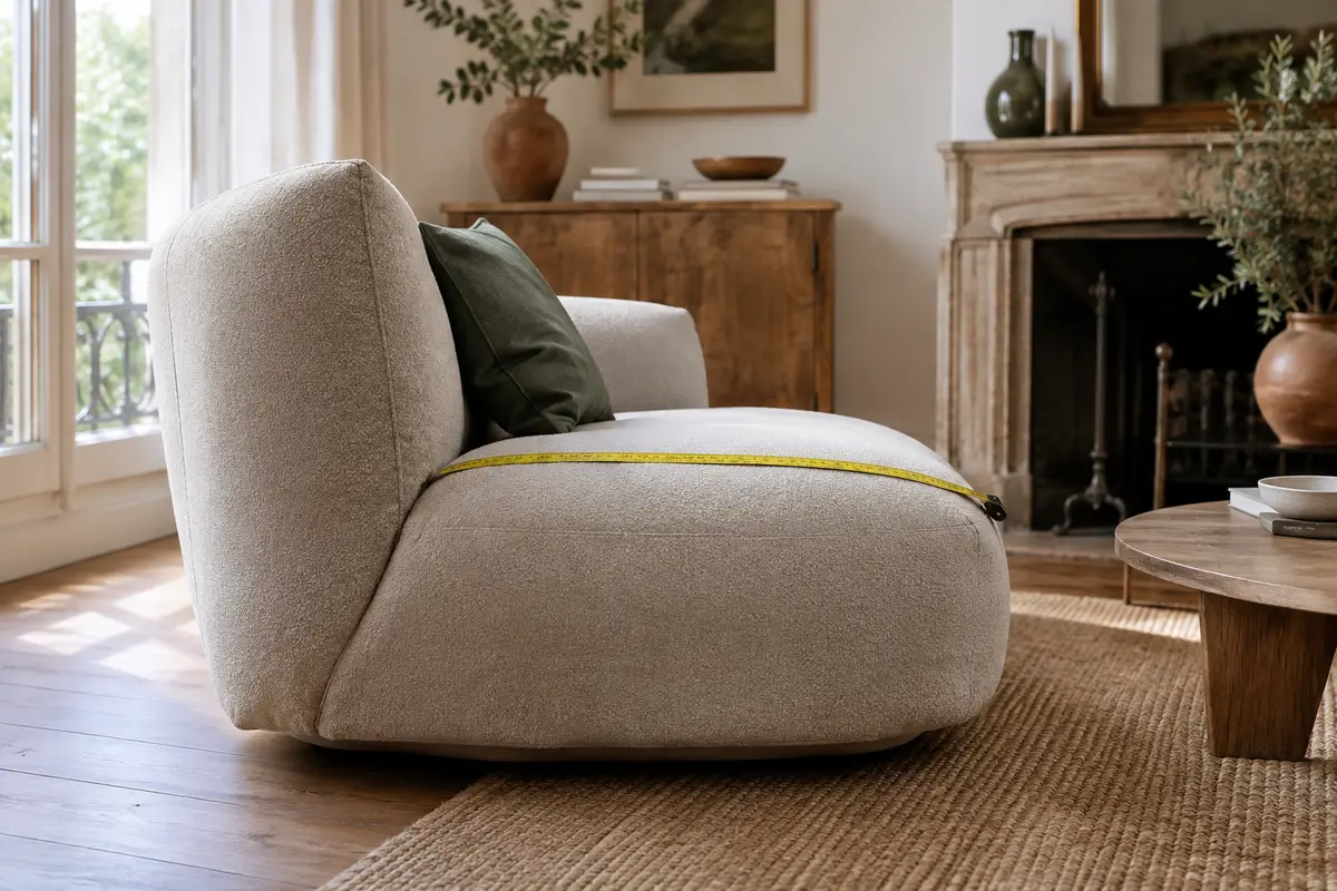 Fauteuil de salon vu de profil avec un mètre ruban posé sur son assise pour illustrer sa profondeur.