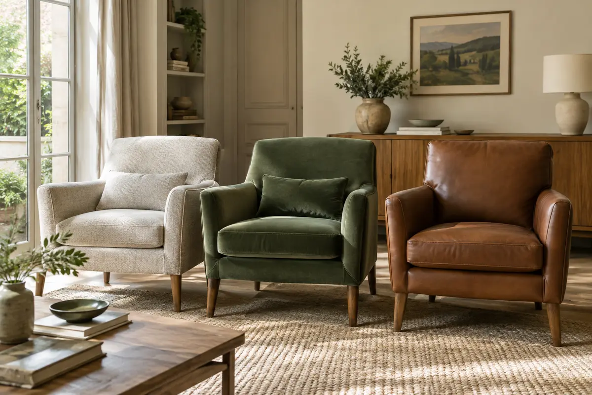 Trois fauteuils en tissu, velours et cuir réunis dans un salon lumineux pour comparer leurs revêtements.