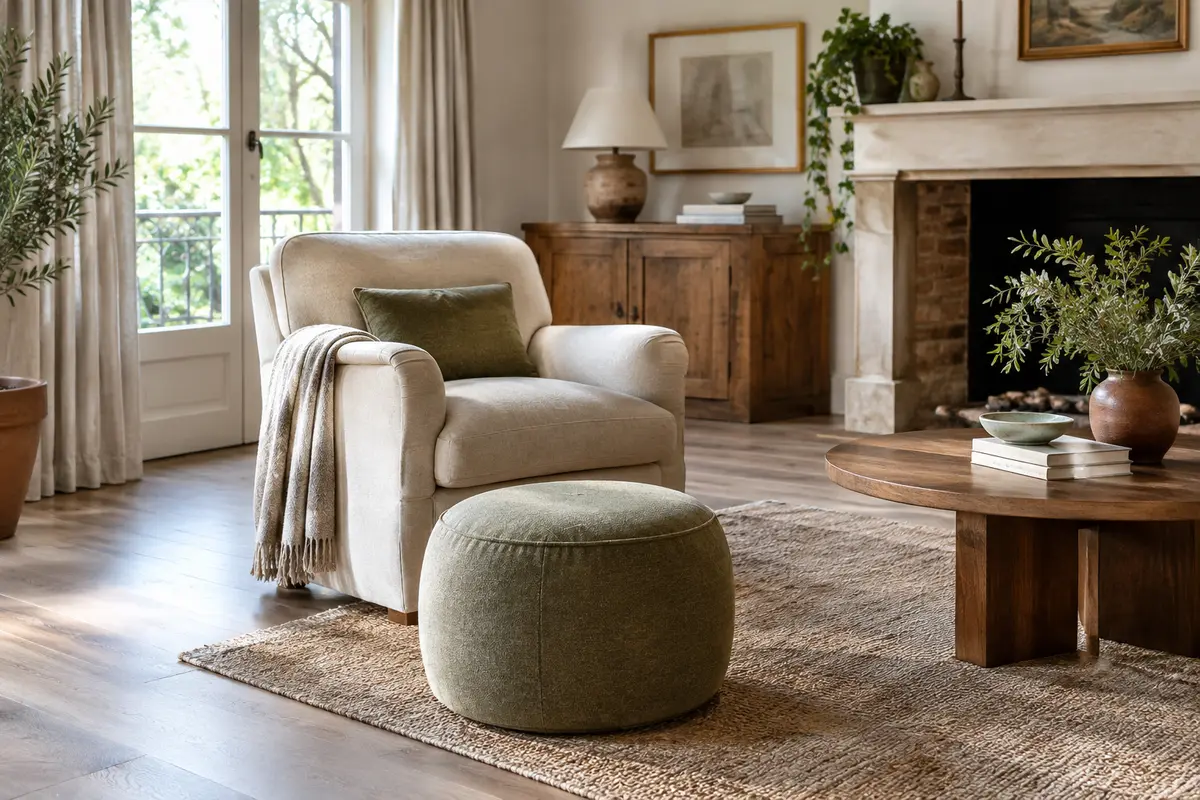 Pouf compact devant un fauteuil, avec table basse accessible et passage dégagé dans un salon lumineux.