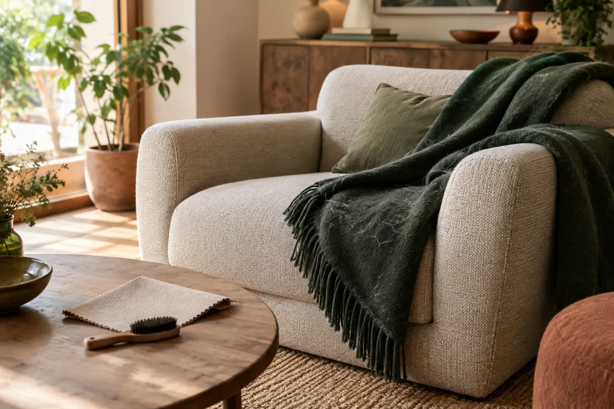 Fauteuil en tissu serré avec un plaid et un échantillon pour comparer le revêtement