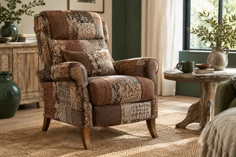 Fauteuil inclinable en toile patchwork avec accoudoirs arrondis et pieds en bois, dans un salon lumineux.