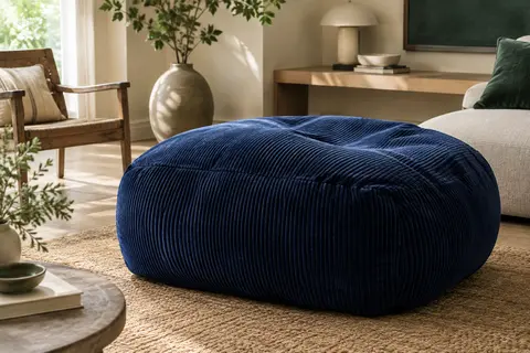 Pouf géant en velours côtelé bleu nuit posé sur un tapis naturel dans un salon lumineux.