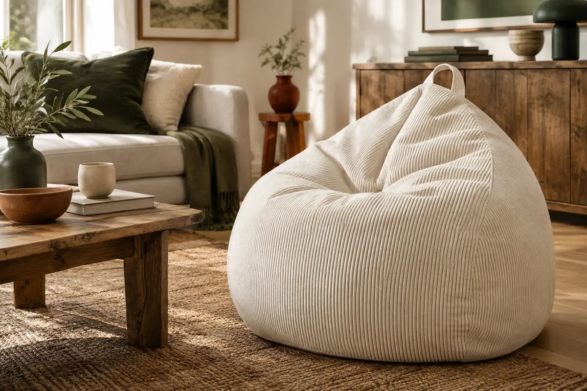 Pouf poire en velours côtelé blanc cassé posé dans un salon lumineux près d’un tapis naturel