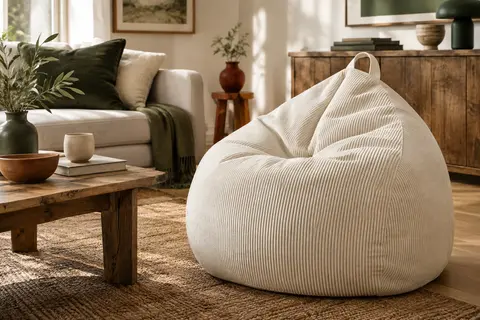 Pouf poire en velours côtelé blanc cassé posé dans un salon lumineux près d’un tapis naturel