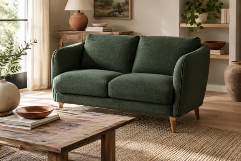 Canapé deux places en faux lin vert foncé, avec accoudoirs enveloppants et pieds à aspect bois
