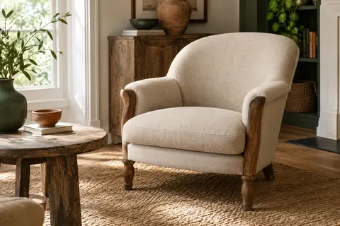 Fauteuil crapaud en lin beige avec accoudoirs en bois, installé dans un salon lumineux au décor naturel.