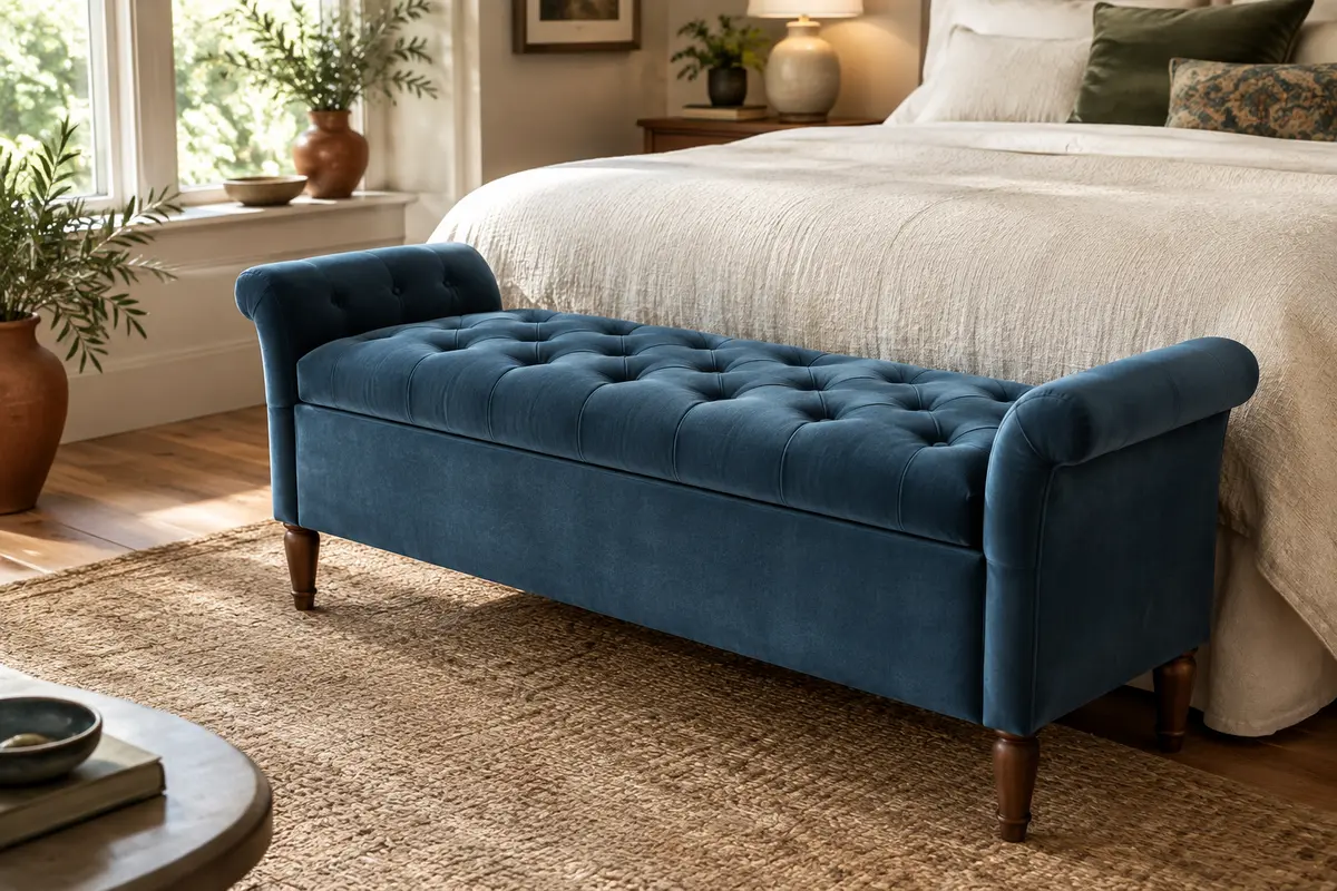 Banc coffre en velours bleu capitonné, installé au pied d’un lit dans une chambre lumineuse