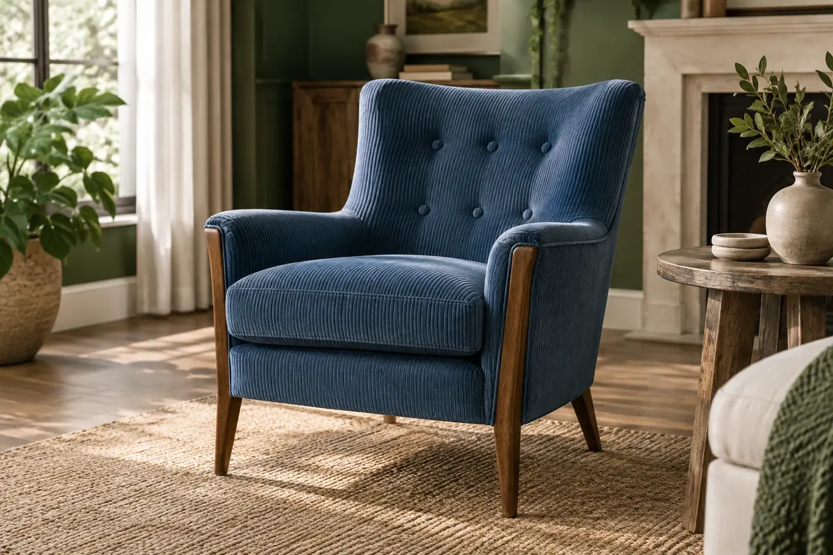 Fauteuil bergère bleu en velours côtelé, avec dossier boutonné, accoudoirs et pieds en bois brun.