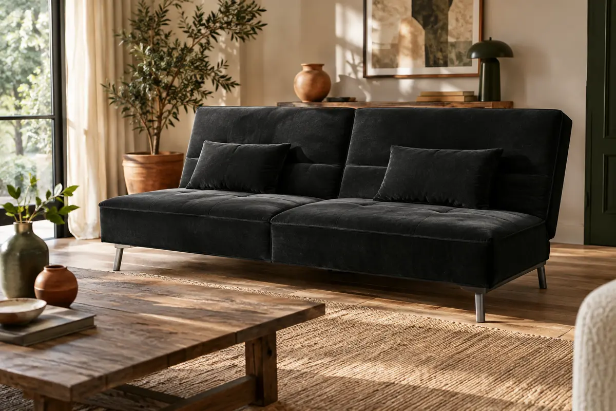 Canapé-lit noir à dossier réglable et petits coussins dans un salon lumineux au décor naturel