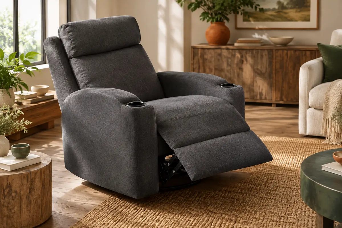 Fauteuil relax en tissu gris foncé avec dossier incliné, repose-pieds et deux porte-gobelets intégrés