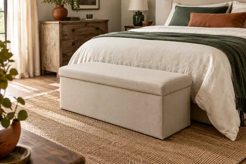 Banc coffre pliable en tissu beige avec couvercle, installé au pied d’un lit dans un intérieur lumineux.