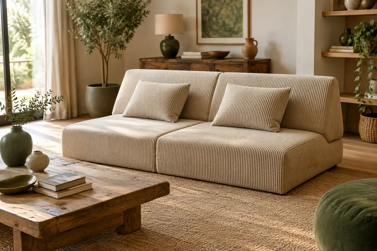 Canapé convertible pliable en velours côtelé beige avec deux coussins, installé dans un salon lumineux.