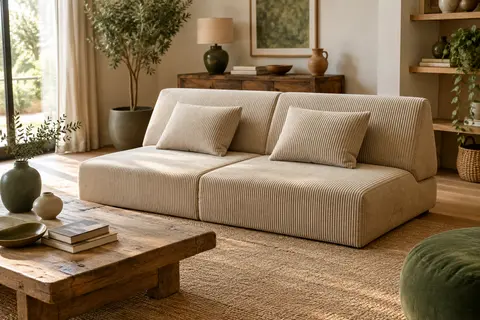 Canapé convertible pliable en velours côtelé beige avec deux coussins, installé dans un salon lumineux.