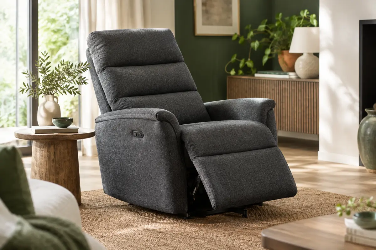Fauteuil relax électrique gris foncé à dossier inclinable, présenté dans un salon lumineux aux matières naturelles.