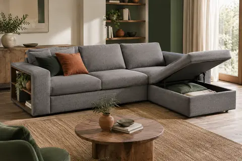Canapé d’angle convertible gris avec méridienne réversible, rangements et étagère dans un salon lumineux.