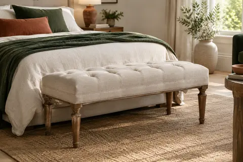 Banc capitonné crème à pieds sculptés en hévéa, installé au pied d’un lit dans une pièce lumineuse.
