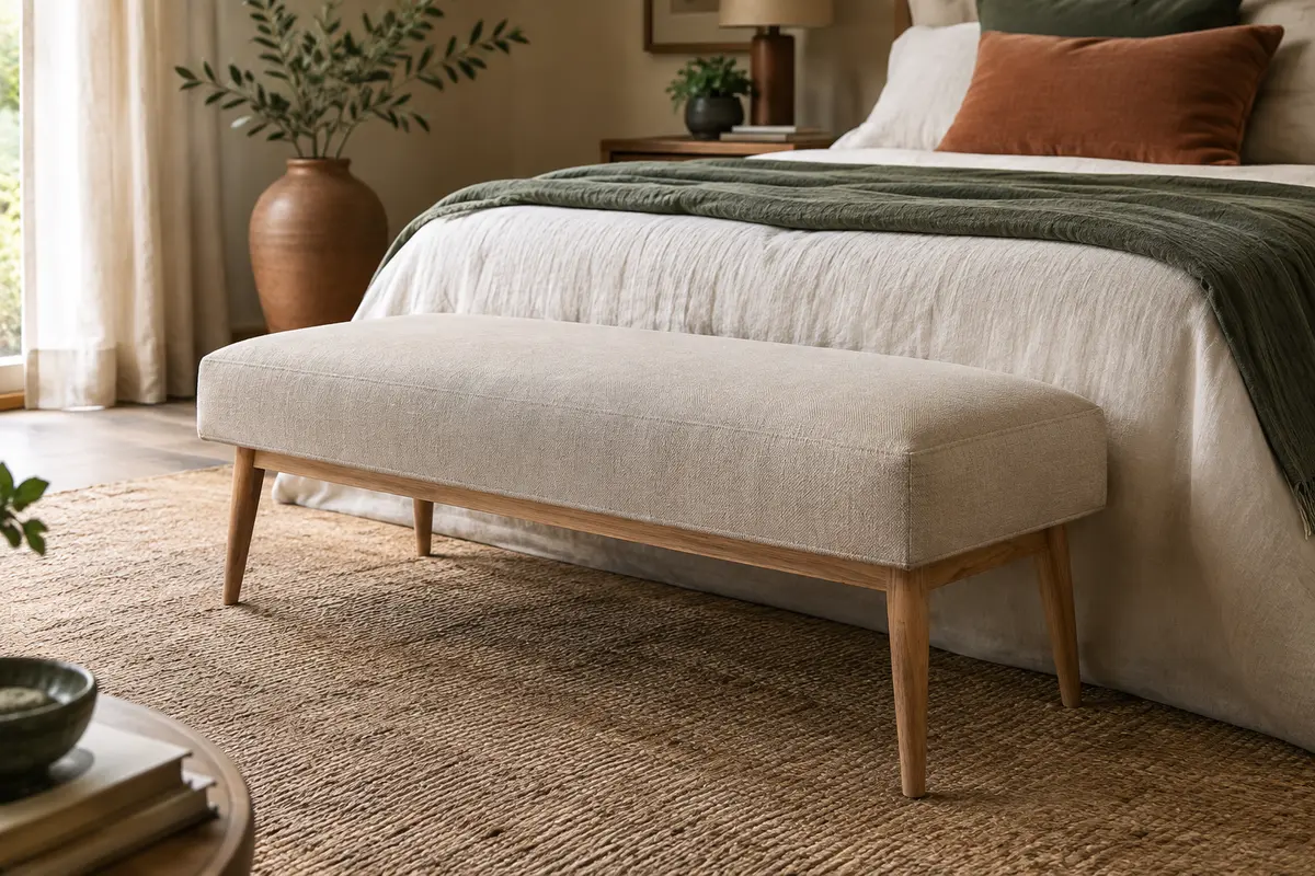 Banc de rangement beige rembourré avec pieds en bois, placé au pied d’un lit dans un intérieur lumineux.