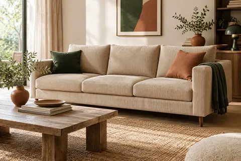 Canapé trois places beige en velours côtelé, avec coussins carrés et pieds fuselés dans un salon lumineux.