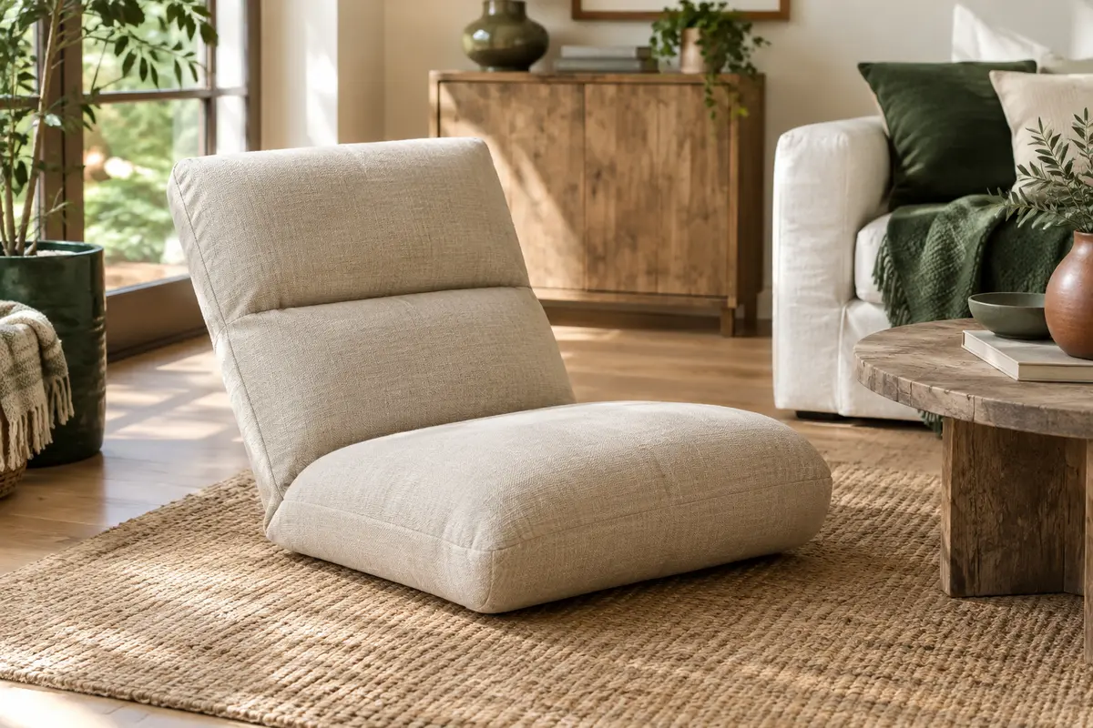 Chauffeuse de sol beige à dossier inclinable, installée dans un salon lumineux près d’un tapis naturel.
