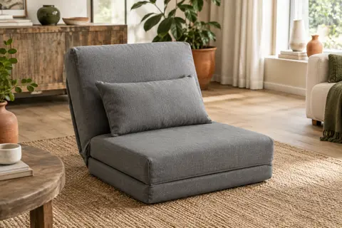 Chauffeuse convertible en tissu gris uni, avec coussin, installée dans un salon lumineux sur un tapis naturel.