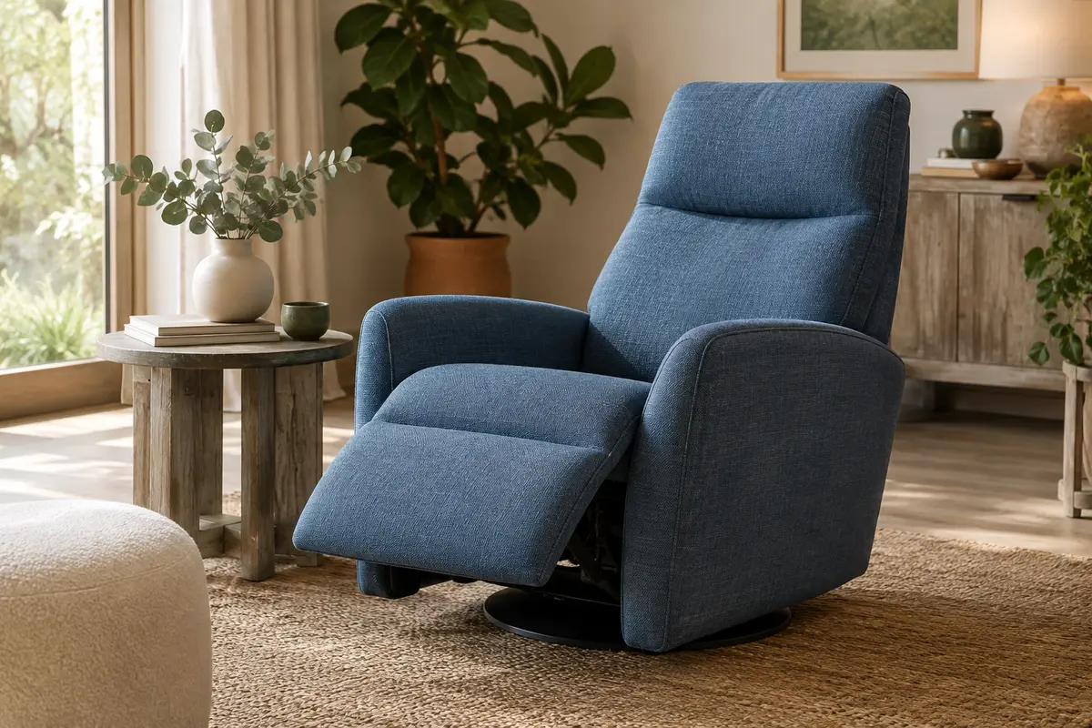 Fauteuil relax bleu en tissu effet lin, incliné avec son repose-pieds intégré dans un salon lumineux.