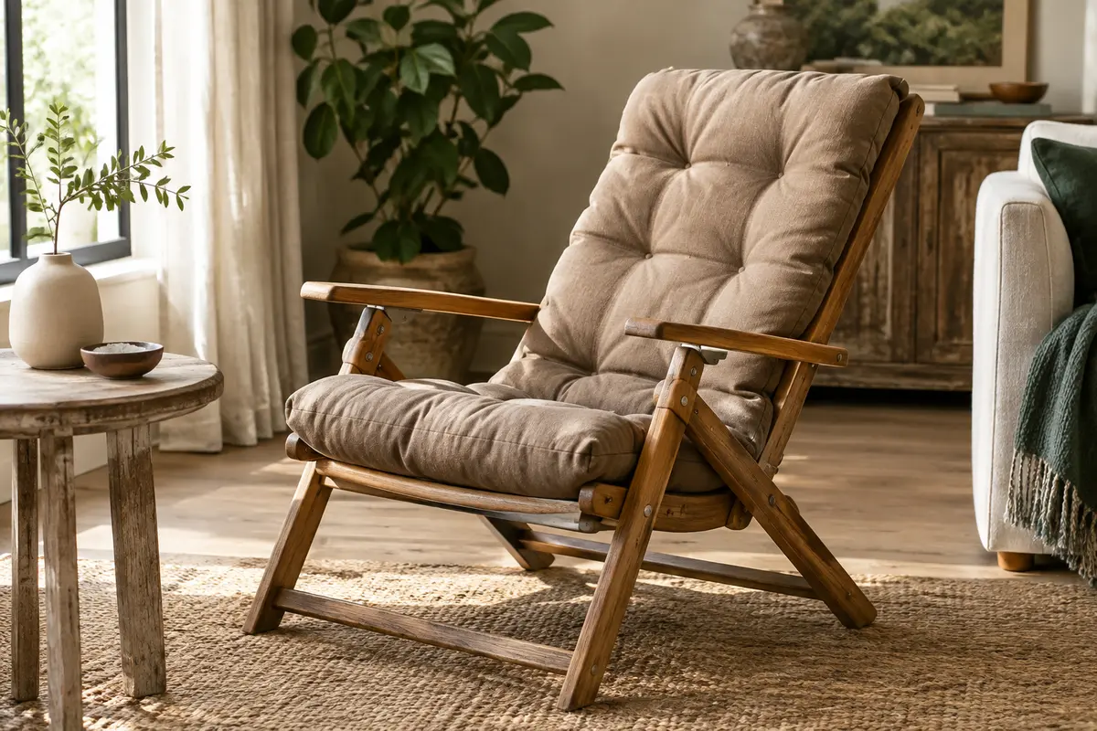 Fauteuil relax pliant en bois avec coussin capitonné marron clair dans un salon lumineux