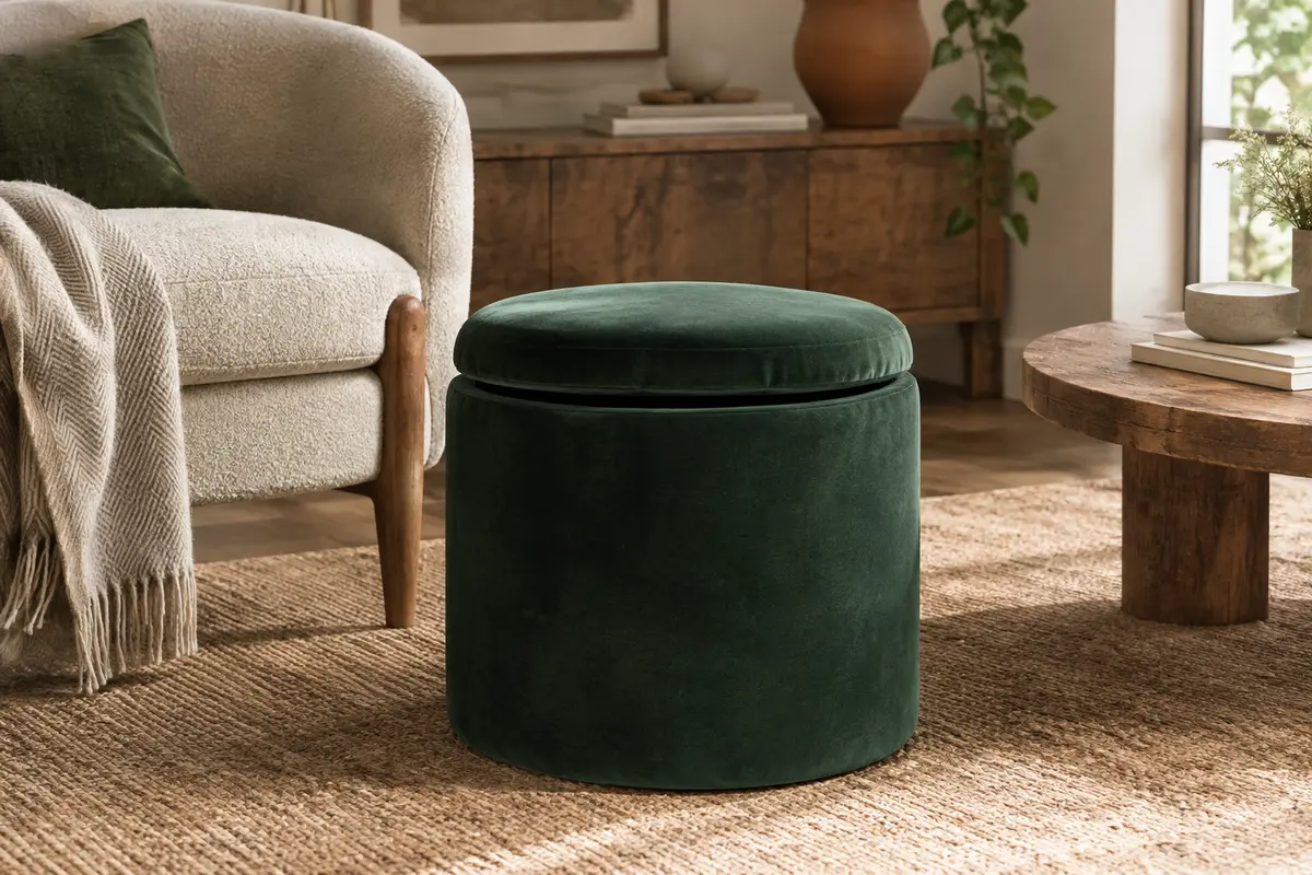 Pouf rond vert foncé à dessus rembourré, installé près d’un fauteuil dans un salon lumineux